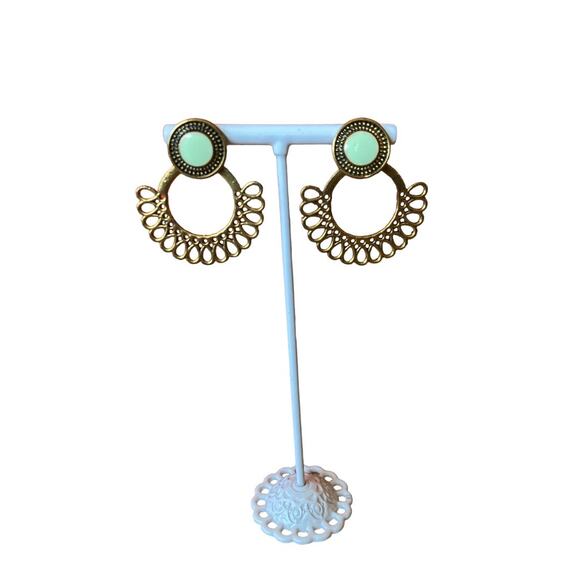 Filigree Hoop Stud Earrings Gold Green - Picture 1 of 7